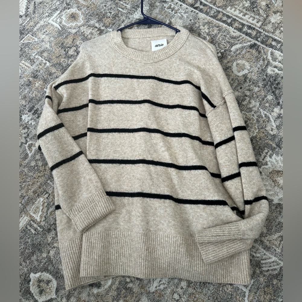 Aerie women's  Tan and Black Striped Crewneck Sweater